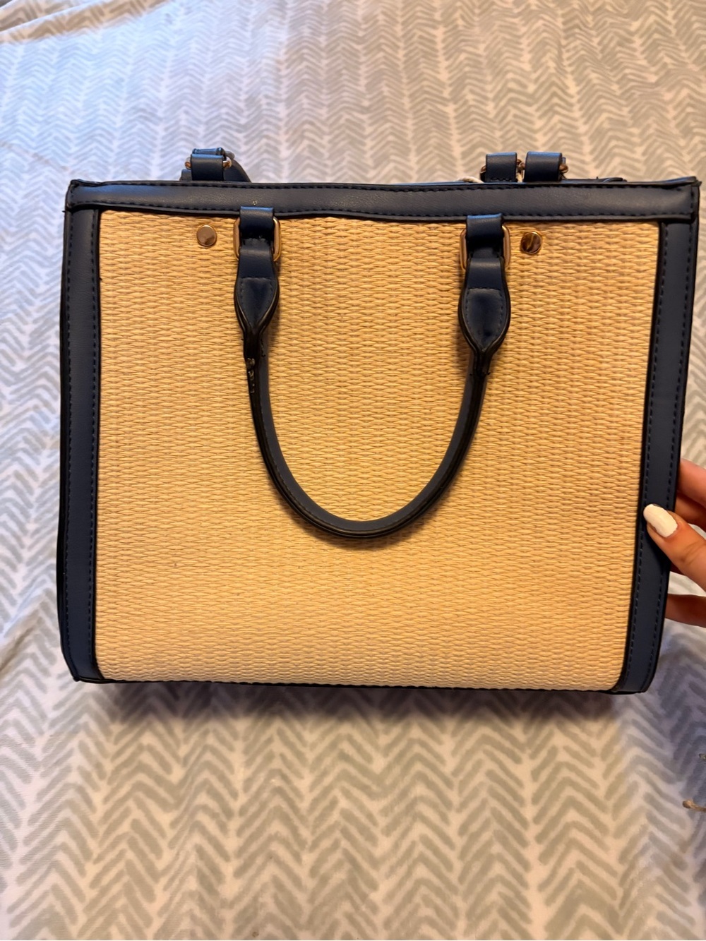 Structured Tan and navy Straw Tote Handbag